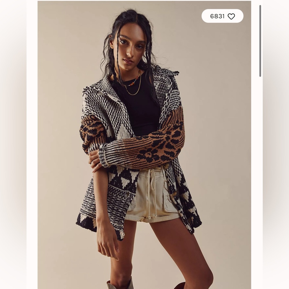 Free People Black White and Brown Mixed-Pattern Open Cardigan